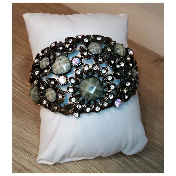 CHUNKY Brass Tone Statement Clamper Bracelet Bejeweled - Picture 2 of 4